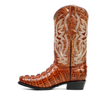 Crocodile Tail Cognac Boots - Embossed Leather - Round Toe (E437)
