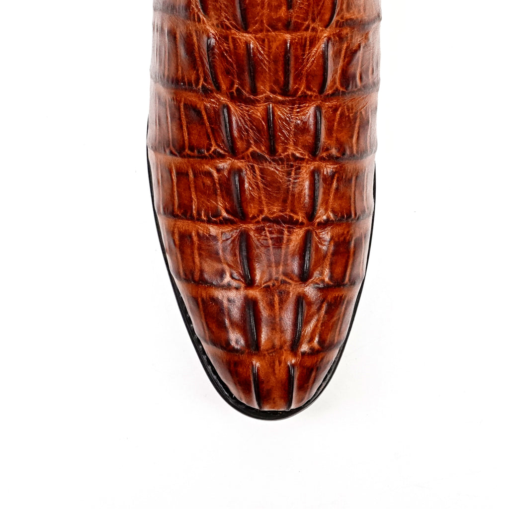 Crocodile Tail Cognac Boots - Embossed Leather - Round Toe (E437)