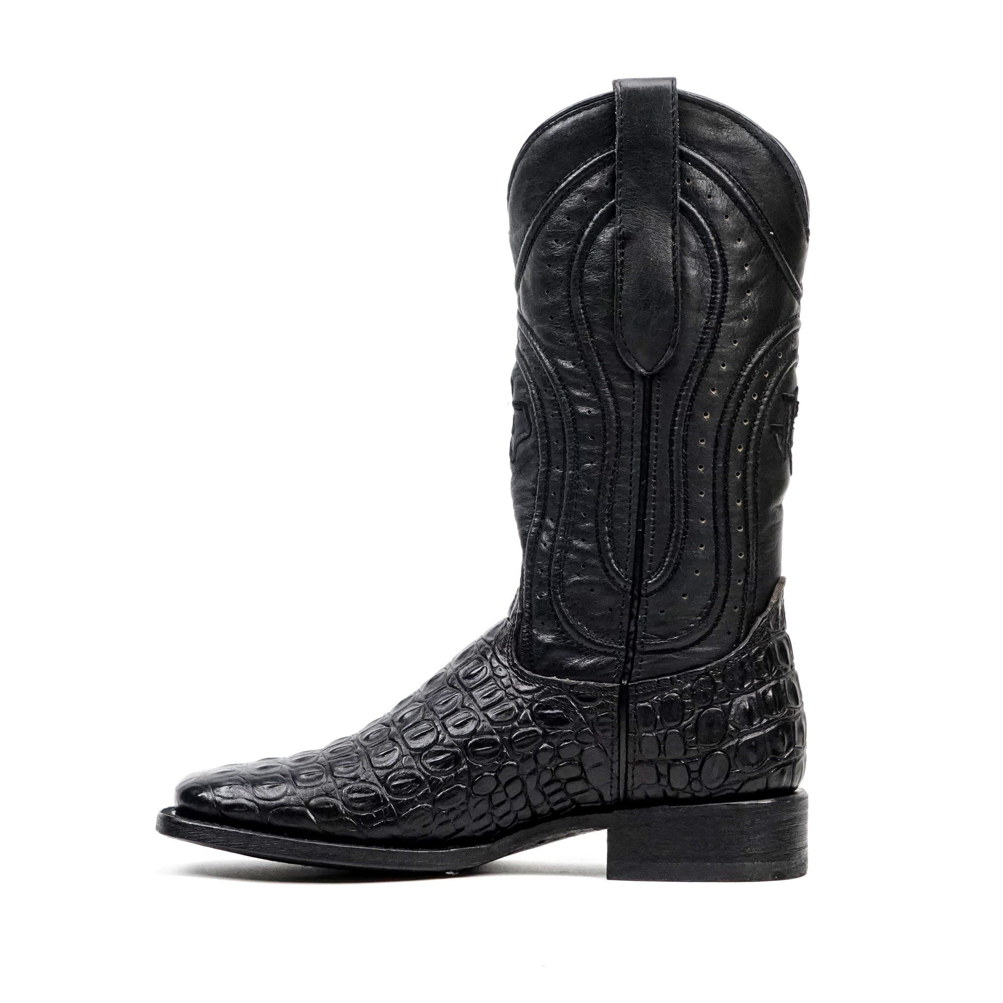 Alligator Hornback Black Boots - Embossed Leather - Square Toe (E930)