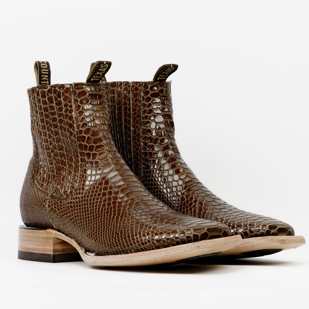 Botines de serpiente - Piel gofrada marrón - Puntera cuadrada (E946)