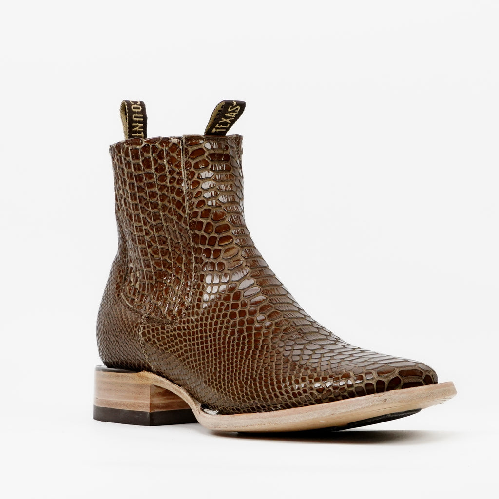 Botines de serpiente - Piel gofrada marrón - Puntera cuadrada (E946)