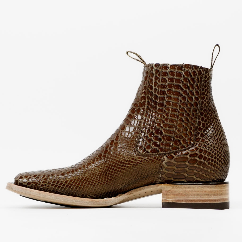 Botines de serpiente - Piel gofrada marrón - Puntera cuadrada (E946)