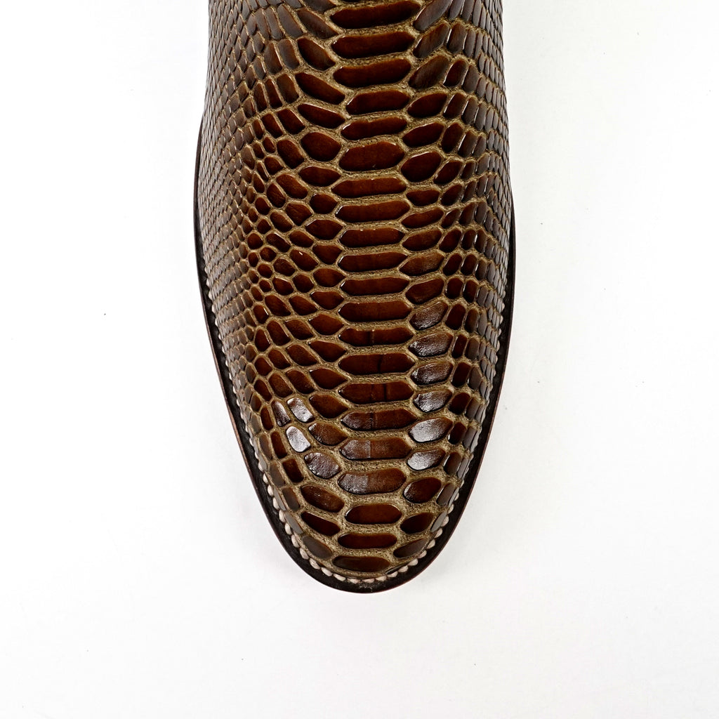 Botines de Serpiente - Piel Marrón Grabada - Punta Rodeo (E946)