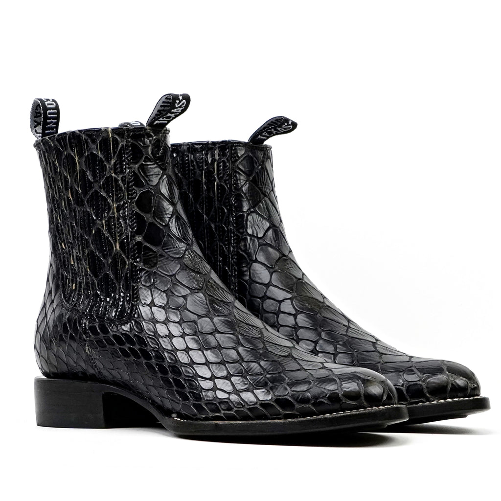 Botines Snake al Tobillo - Piel Gofrada Negra - Punta Rodeo (E955)