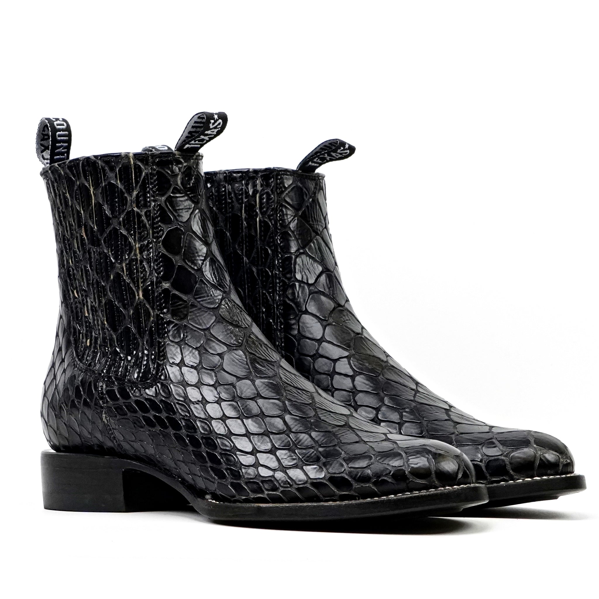 Botines Snake al Tobillo - Piel Gofrada Negra - Punta Rodeo (E955)