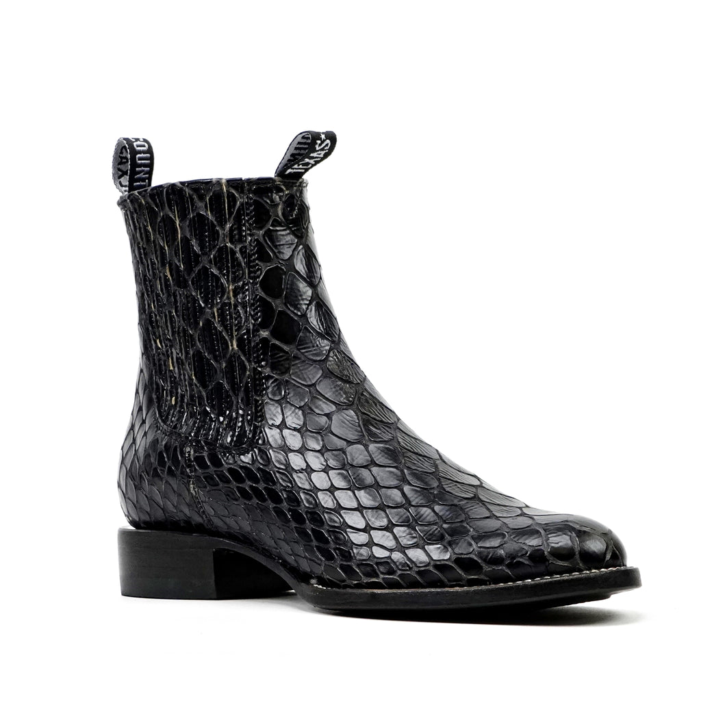 Botines Snake al Tobillo - Piel Gofrada Negra - Punta Rodeo (E955)