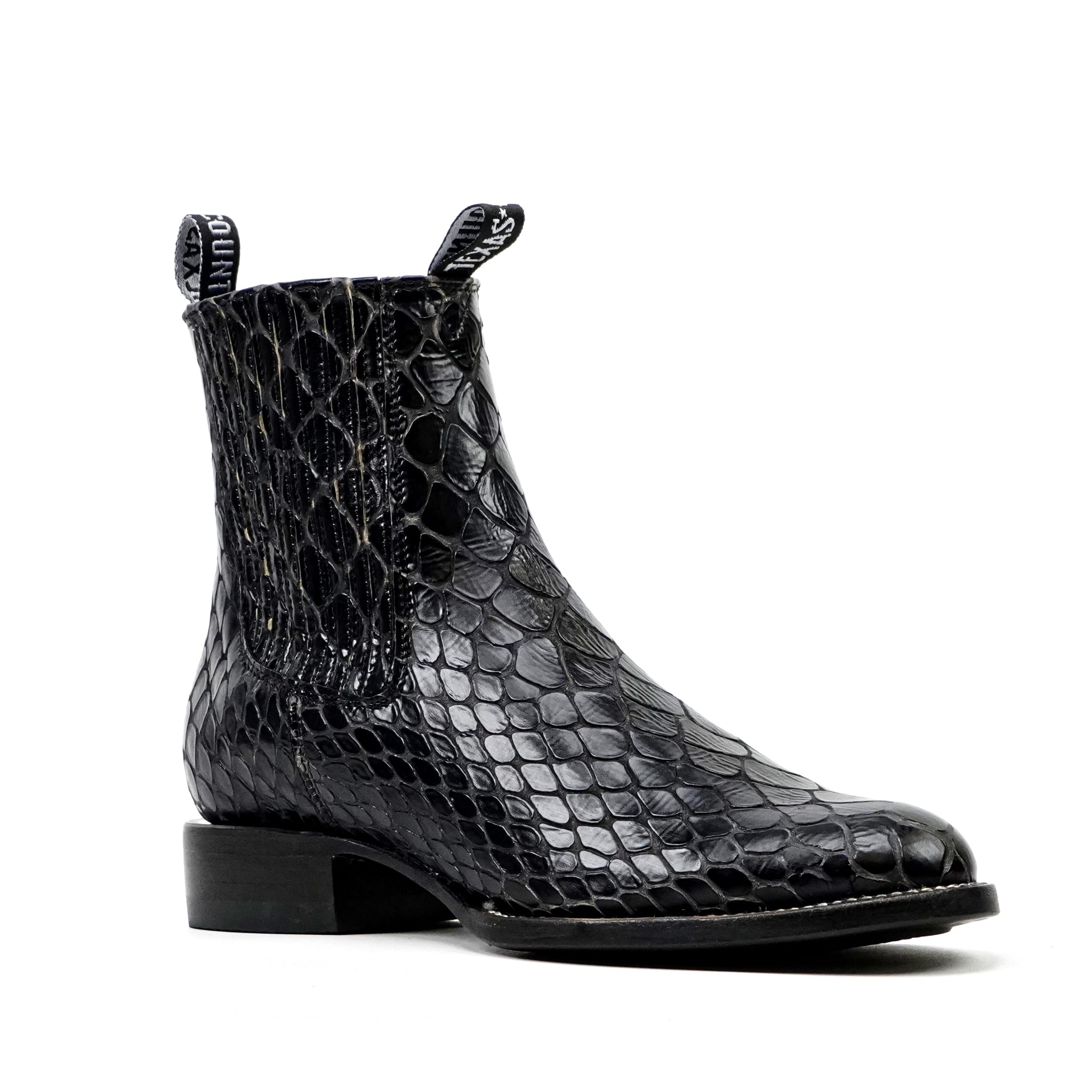 Botines Snake al Tobillo - Piel Gofrada Negra - Punta Rodeo (E955)