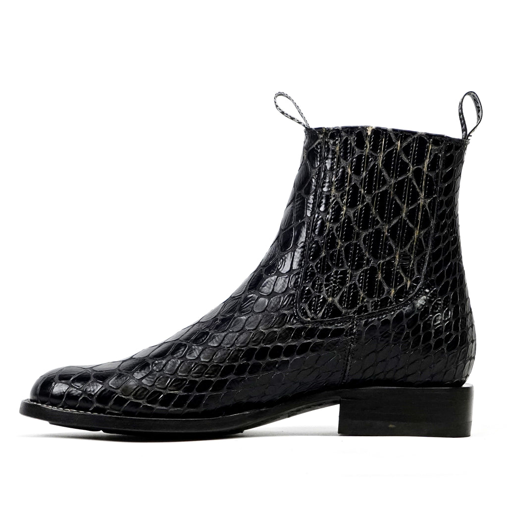 Botines Snake al Tobillo - Piel Gofrada Negra - Punta Rodeo (E955)