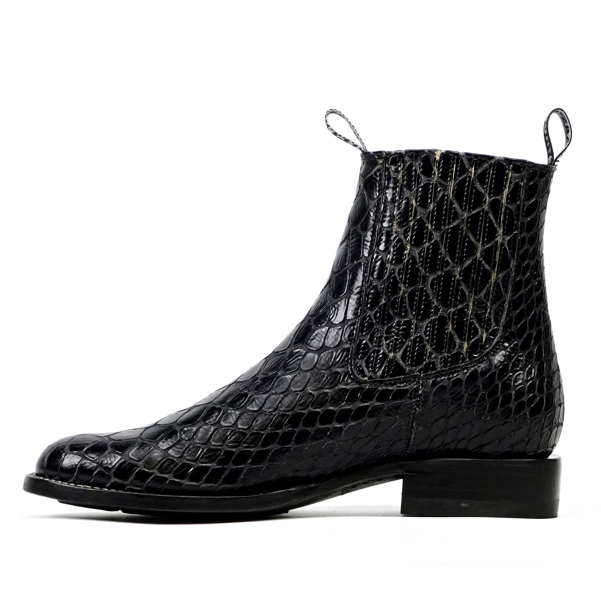 Botines Snake al Tobillo - Piel Gofrada Negra - Punta Rodeo (E955)