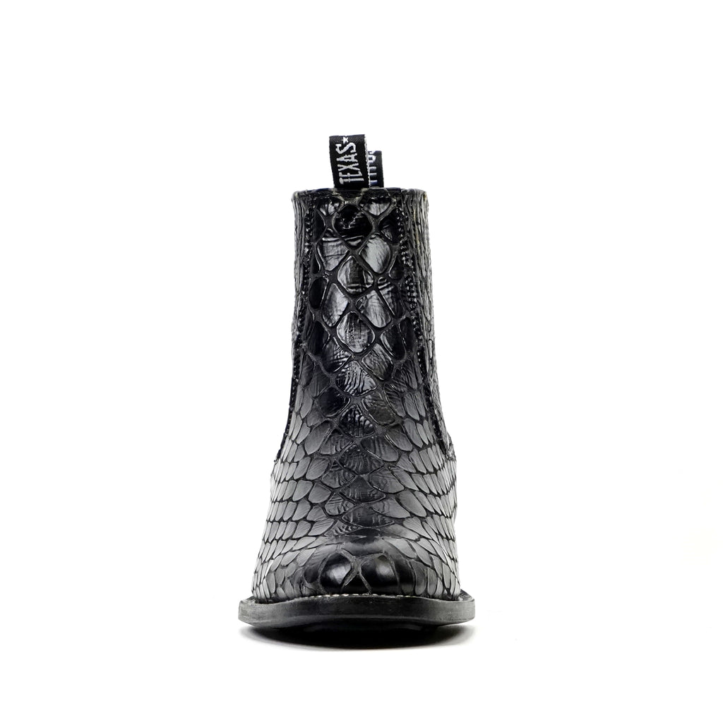 Botines Snake al Tobillo - Piel Gofrada Negra - Punta Rodeo (E955)