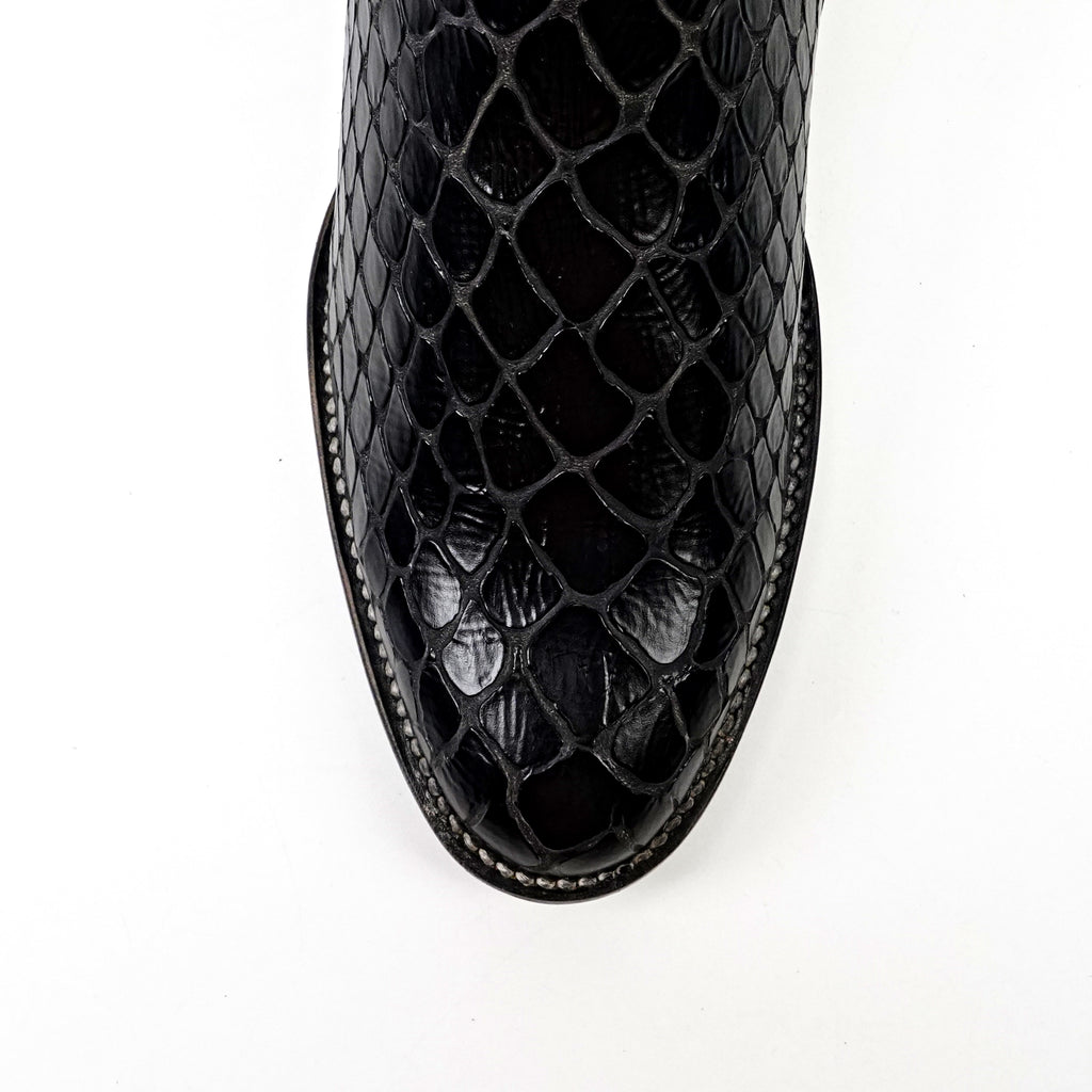Botines Snake al Tobillo - Piel Gofrada Negra - Punta Rodeo (E955)