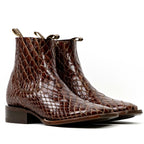 Botines de serpiente - Piel gofrada coñac - Punta cuadrada (E955)