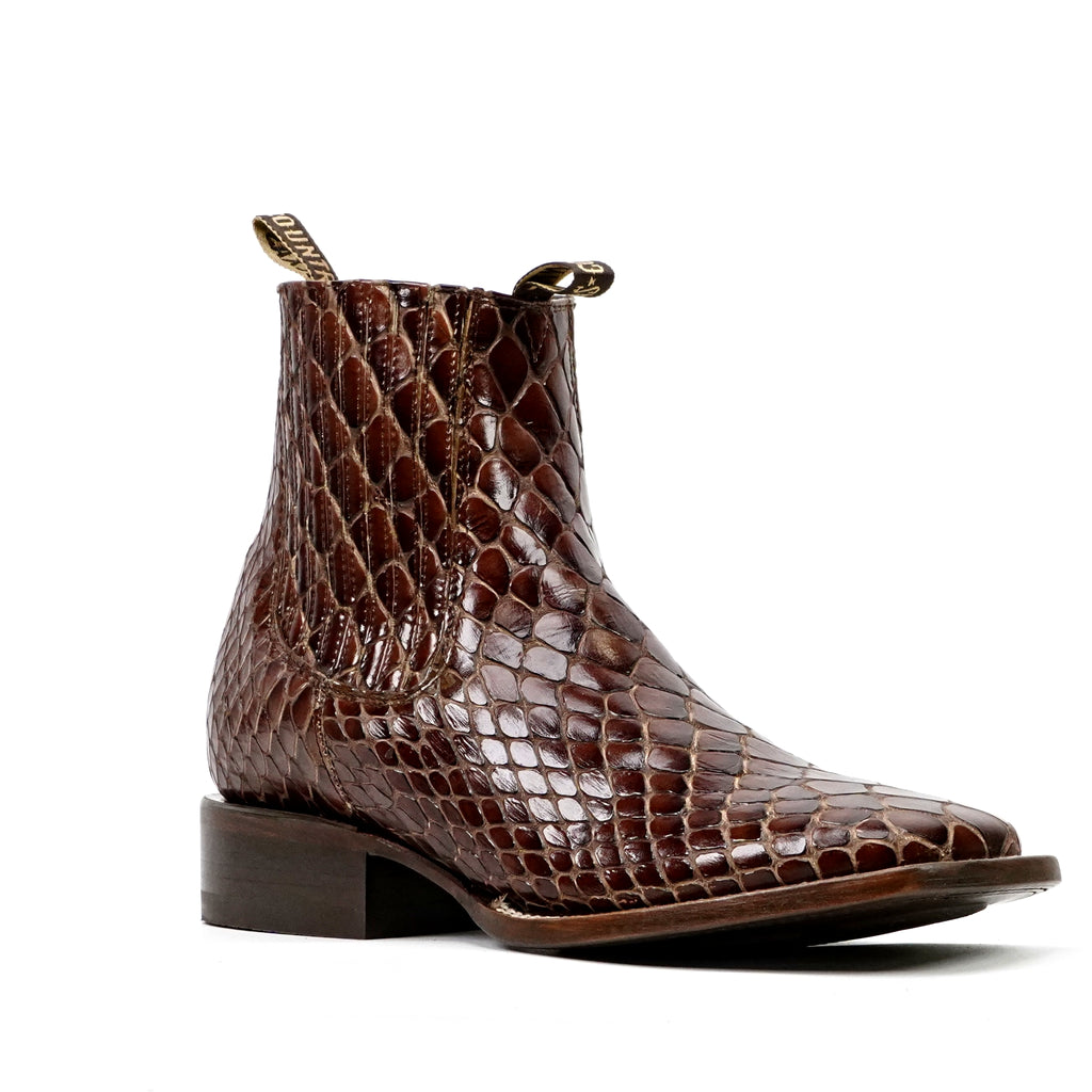 Botines de serpiente - Piel gofrada coñac - Punta cuadrada (E955)