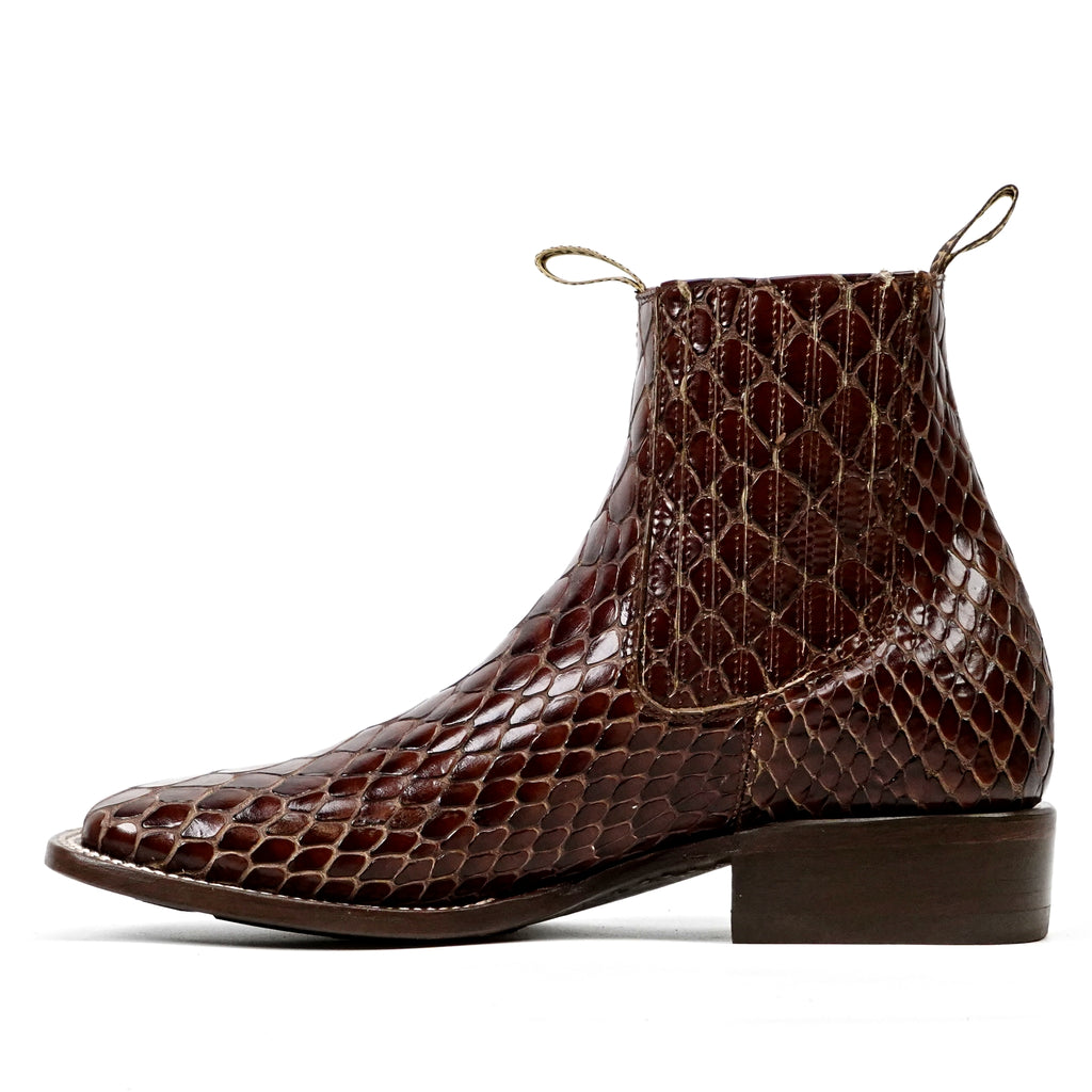 Botines de serpiente - Piel gofrada coñac - Punta cuadrada (E955)
