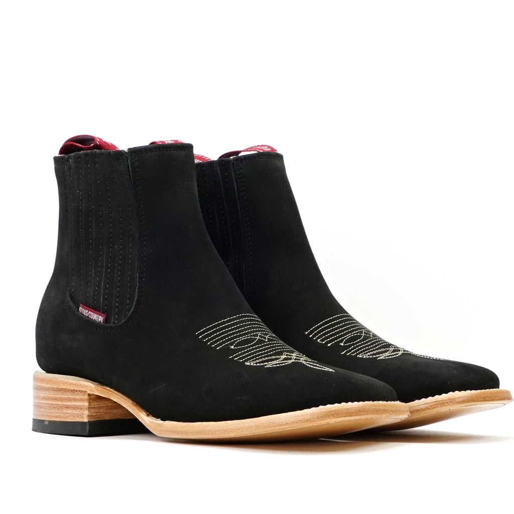 Cowboy Style Nubuck Black Ankle Boots - Square Toe (E1200)