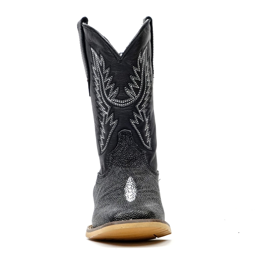 Kids Black Stingray Boots - Embossed Leather - Square Toe (K20-1)