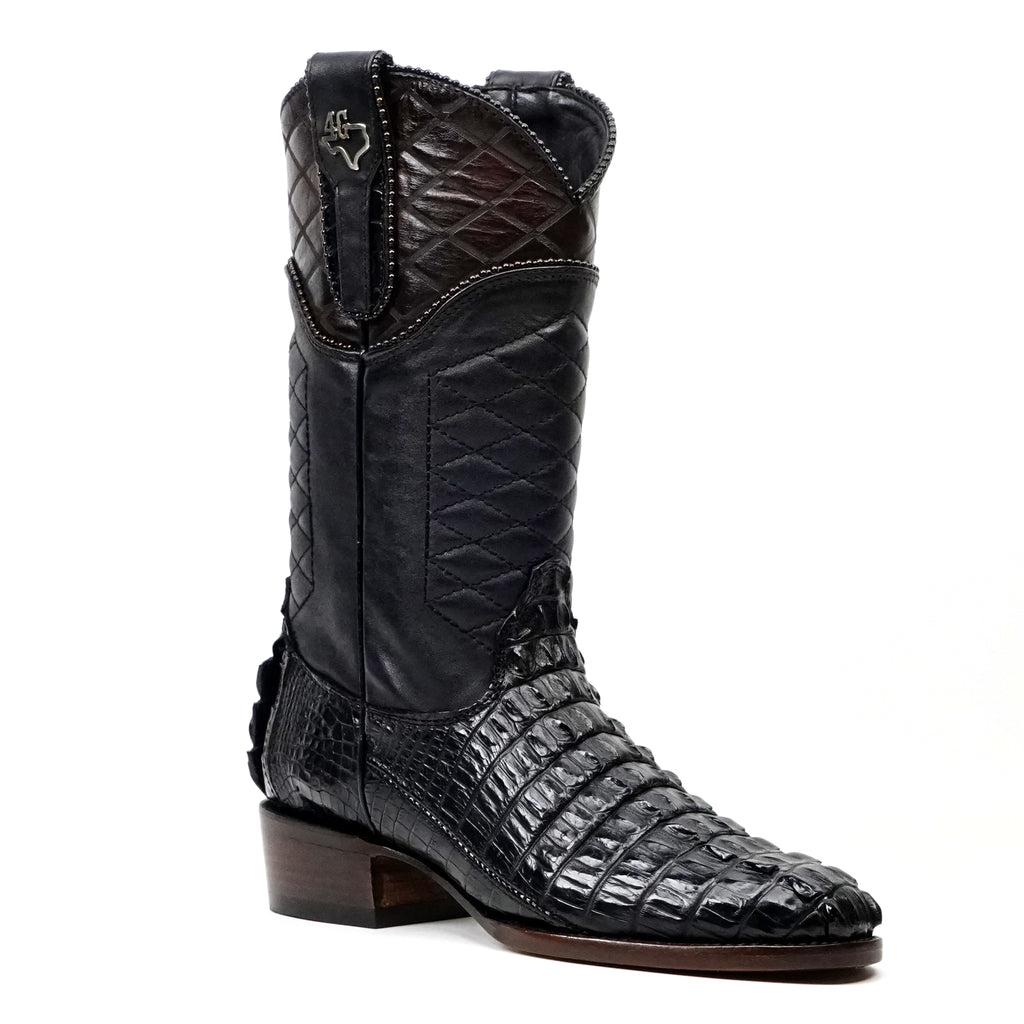 Platinum Rhodes Nile Crocodile Tail Boots - Black - Roper Toe