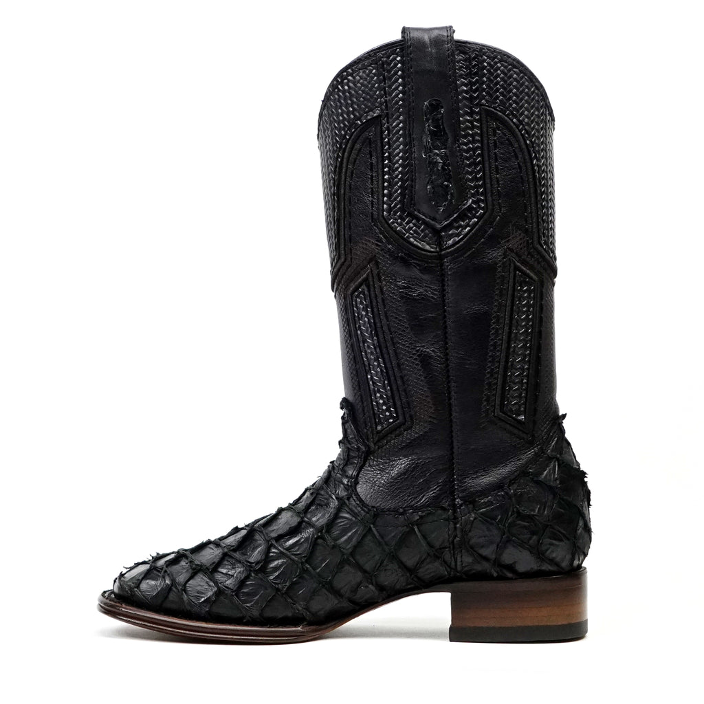 Connor Platinum Pirarucu Fish Boots - Black - Square Toe