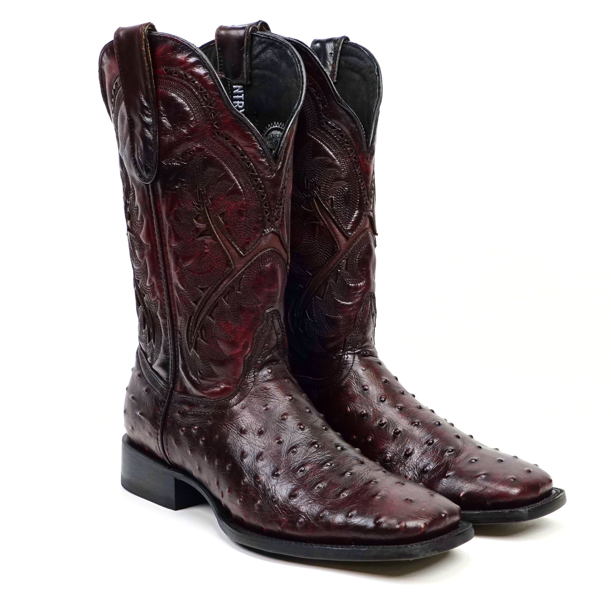 Ostrich Black Cherry Cowboy Boots - Embossed Leather - Square Toe (E424)