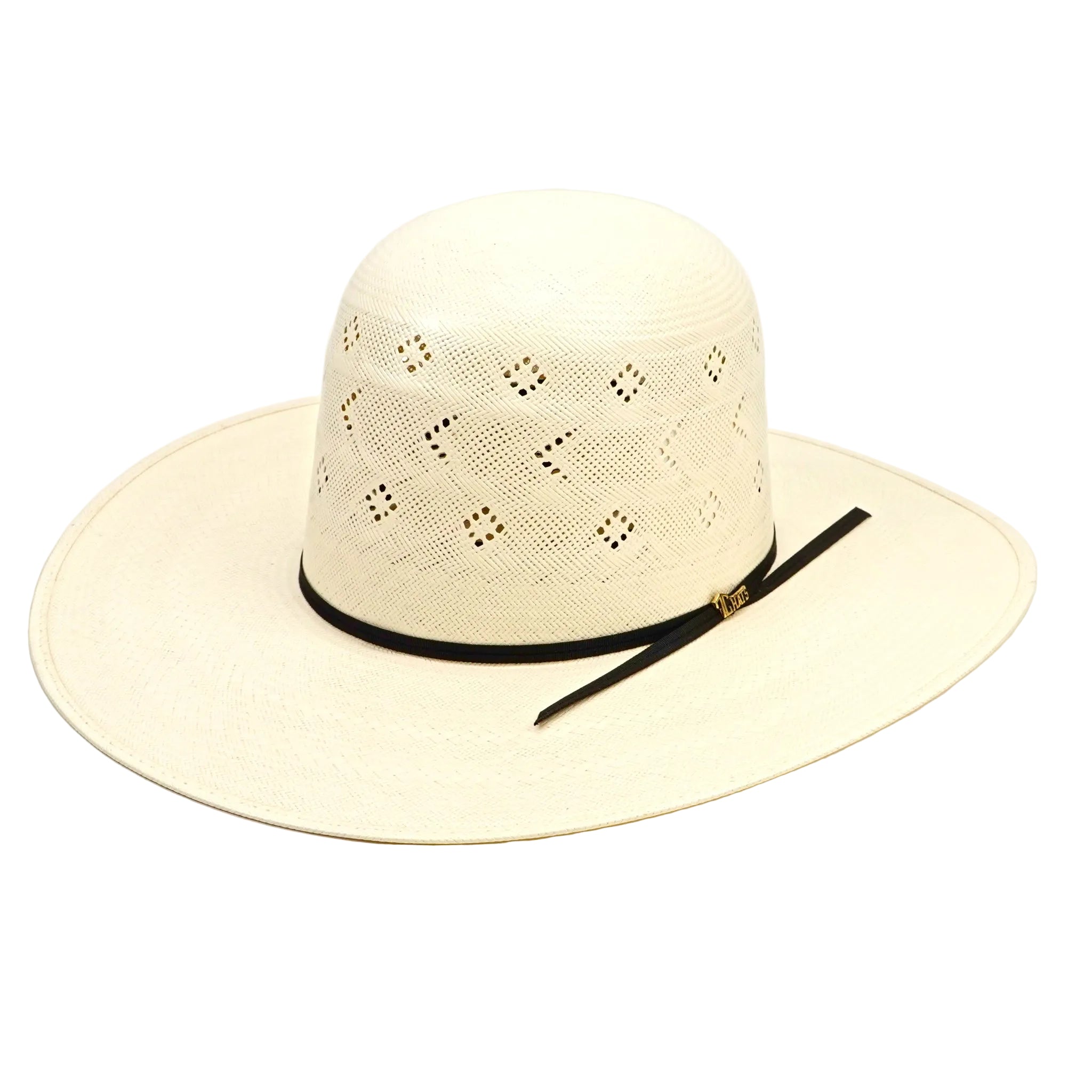 Beige straw hat with a black band on a white background