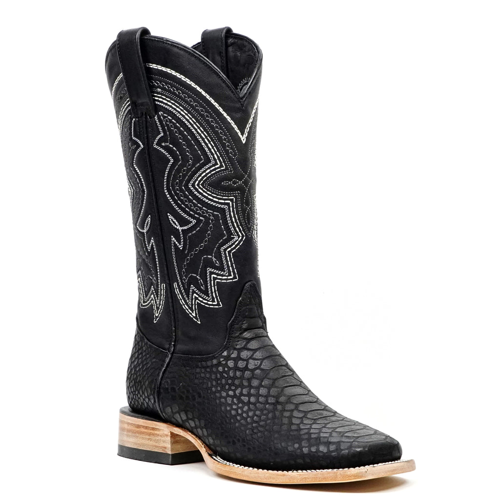 Botas Cowboy Python Negras - Piel Grabada - Punta Cuadrada (E425)