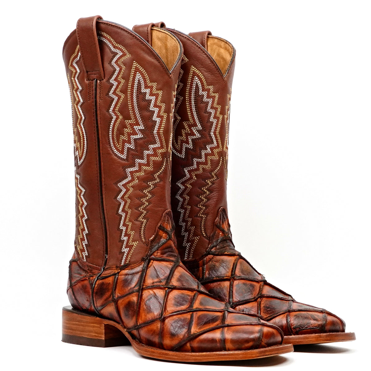 Pirarucu Fish Cognac Boots - Embossed Leather - Square Toe (E963)