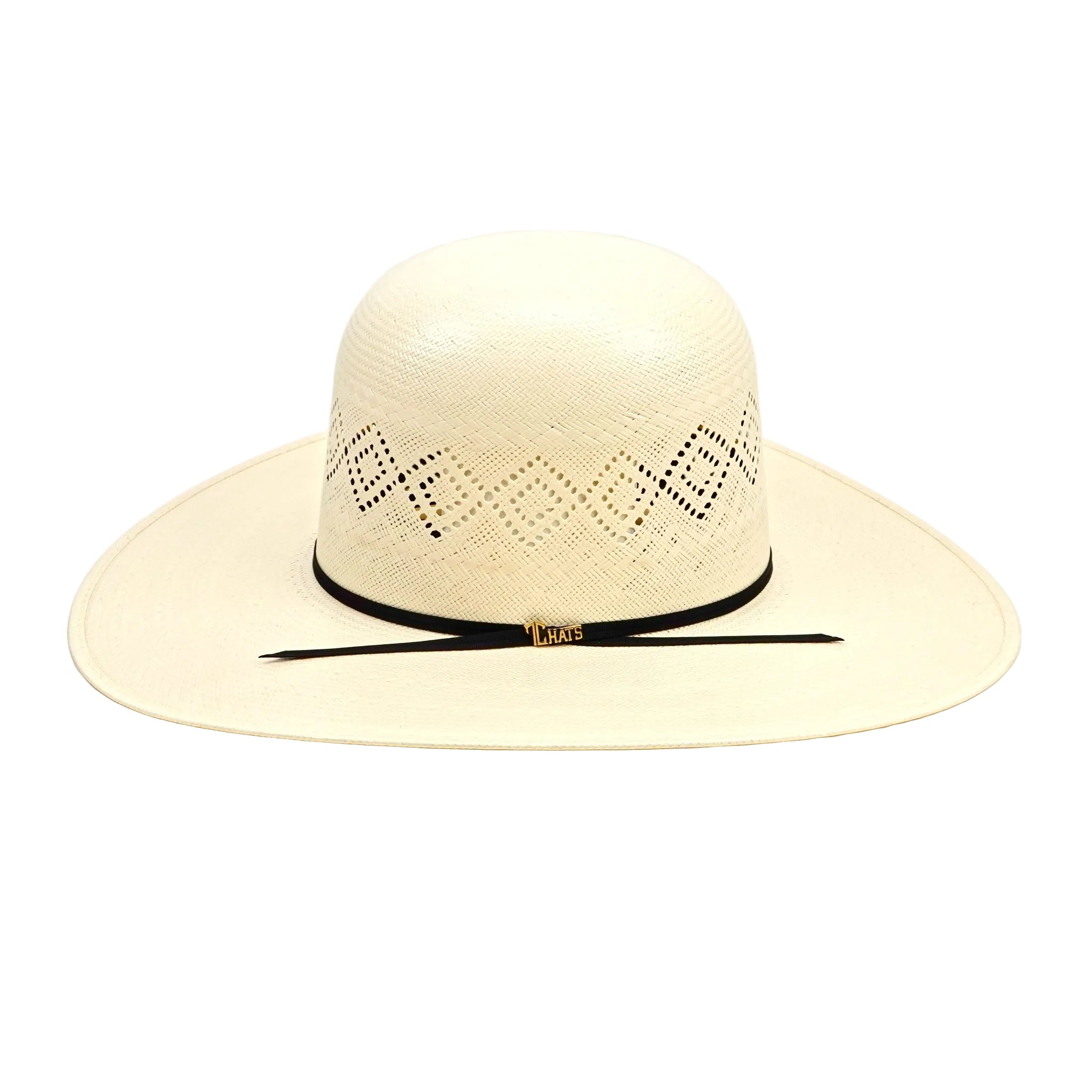 Beige straw hat with black band on a white background