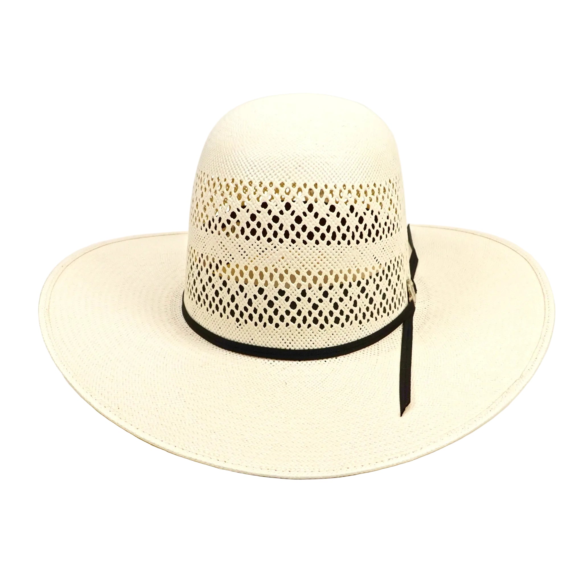 Beige straw hat with a black band on a white background