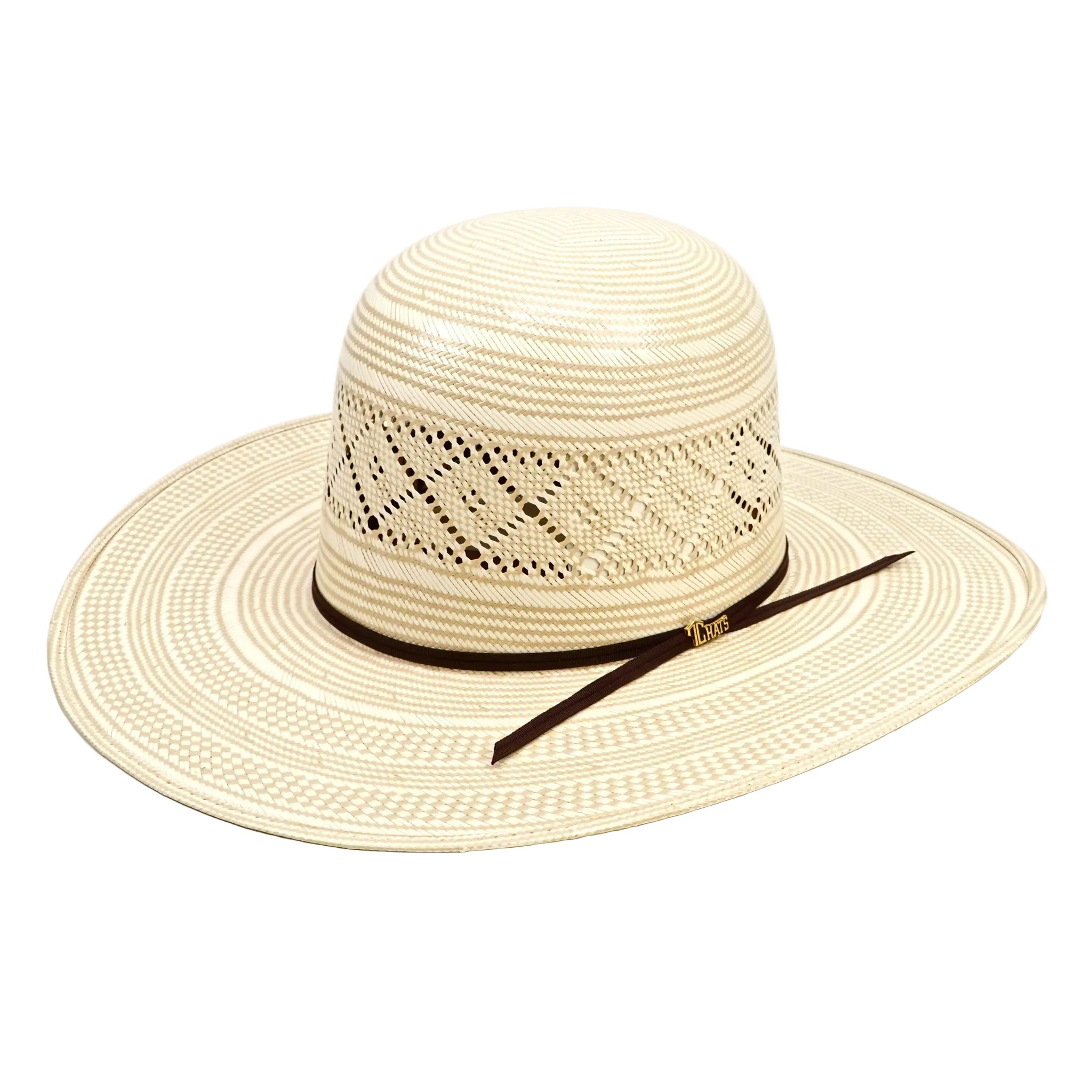 Beige straw hat with a black band on a white background