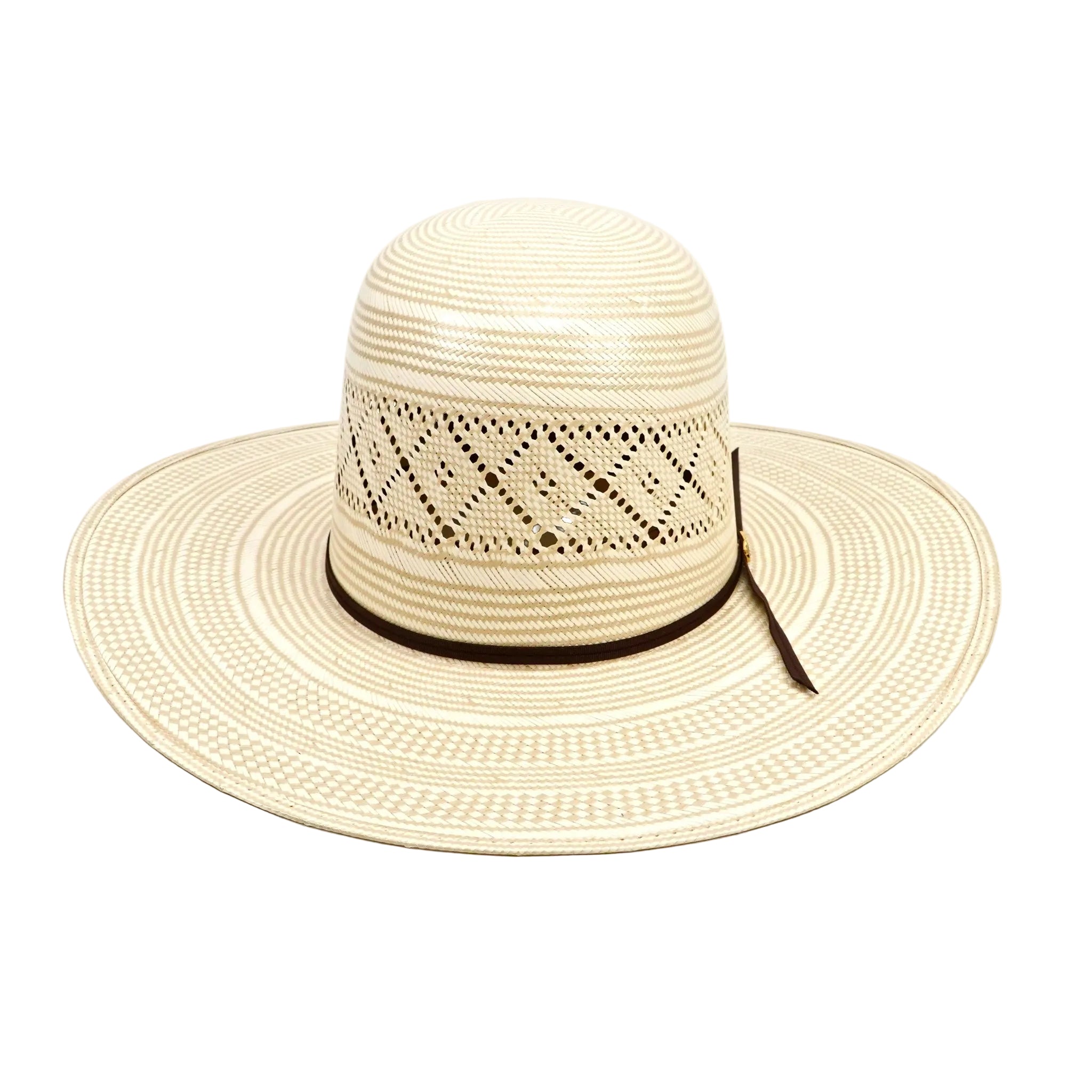 Beige straw hat with a wide brim on a white background