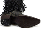 Black fringe cowboy boot with detailed sole on a white background
