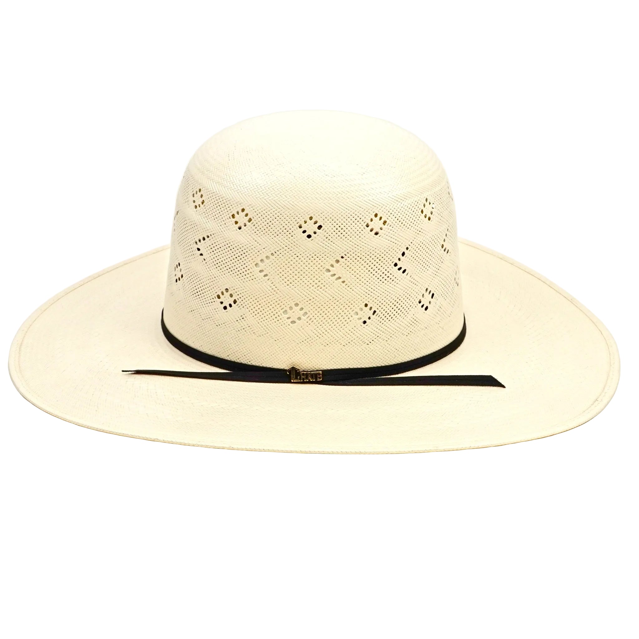 Beige straw hat with decorative pattern on a white background