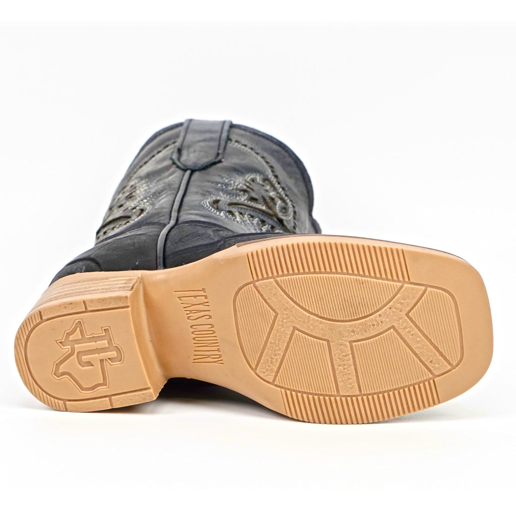 Black Pirarucu Fish - Embossed Leather Kids Boots - Square Toe (K92-1)