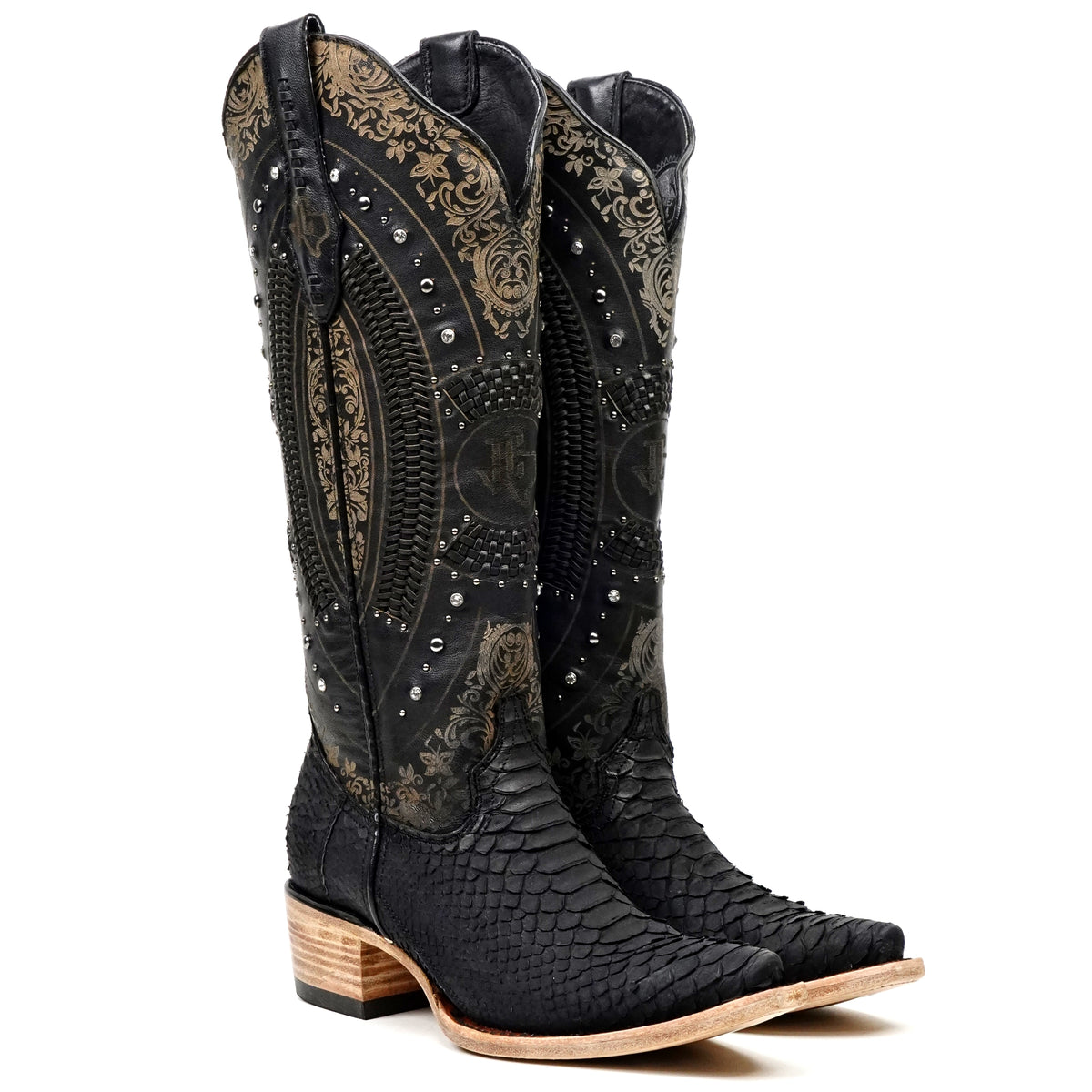 Priscila - Botas vaqueras negras Python - Caña alta - Punta fina (E31)