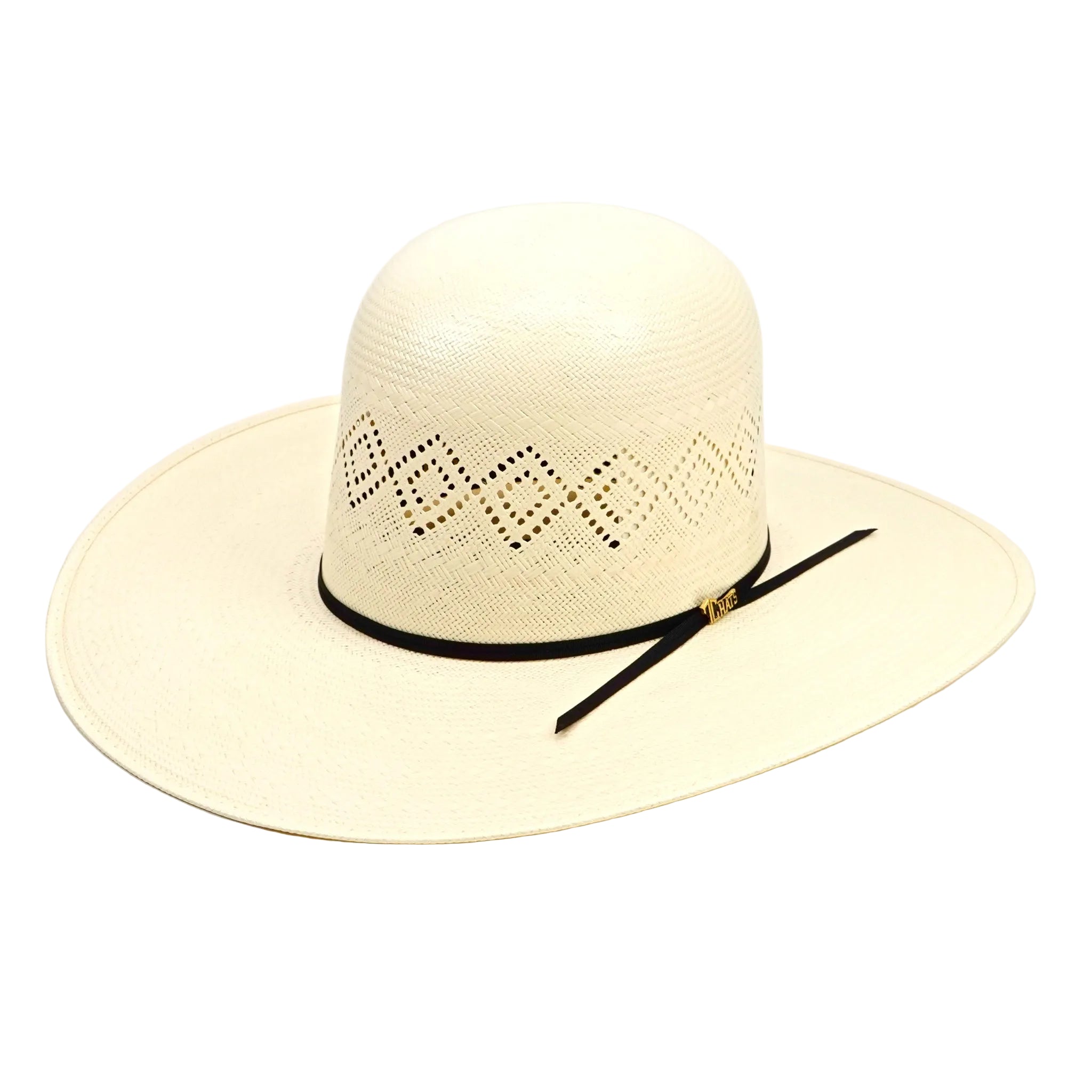 Beige straw hat with decorative band on a white background