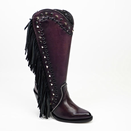 Purple boot with fringe and studs on a white background