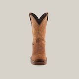 One handcrafted Tan Brown Rough out boot with intricate stitching is shown front view against a white background. It features swirling patterns on premium cowhide leather with a rounded composite toe, slightly darker sole, and waterproof design.