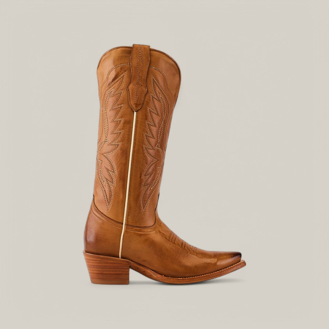 A single Miranda Clayton cowboy boot, brown with intricate stitching, features a snip toe and a stacked heel on a gold leather sole, set against a plain light grey background.