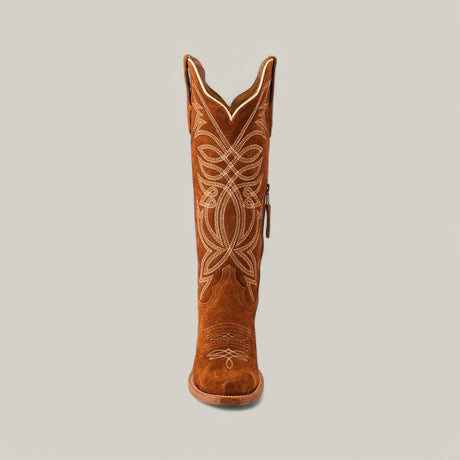 A single Kellie Suede Almond Leather Sole cowboy boot, showcasing intricate white stitching with a snip toe design and a tall shaft against a plain background.