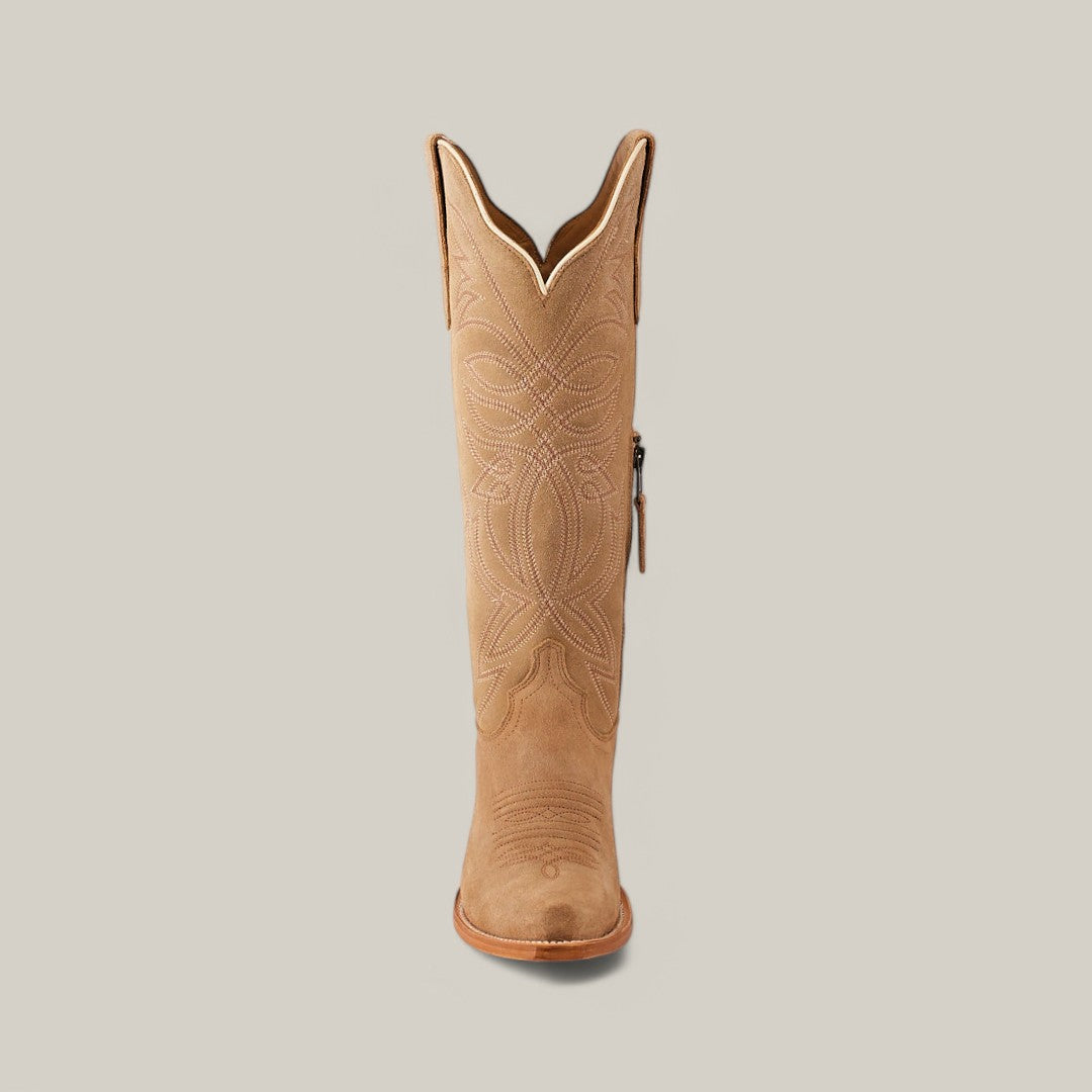 The Kellie Suede Fawn boots boast a tan cowboy style with intricate stitching and a chic snip toe, displayed upright against a plain backdrop, polished off with a premium leather sole.