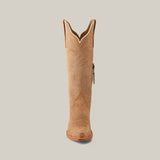 The Kellie Suede Fawn boots boast a tan cowboy style with intricate stitching and a chic snip toe, displayed upright against a plain backdrop, polished off with a premium leather sole.