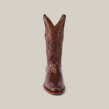 The Exotic American Alligator Belly - Brown - Roper Toe boot features a textured exotic leather design with a star emblem on the shaft, set against a plain gray background to highlight its intricate details.