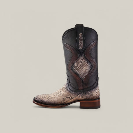 The Exotic Python - Diamond - Natural - Square Toe cowboy boot features a snakeskin texture from python leather, dark leather upper, Western-style design with decorative stitching, brown wooden heel, and pointed toe set against a light gray backdrop.