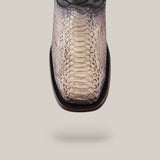 The Exotic Python - Diamond - Natural - Square Toe cowboy boot boasts a detailed beige and brown snakeskin texture and a signature square toe, elegantly showcased on a light gray background.