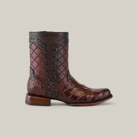 The Exotic American Alligator - Europe Brown - Round Toe boot features a premium alligator leather feel with an embossed reptile scale pattern, handcrafted crisscross stitching, and a sturdy wooden sole.