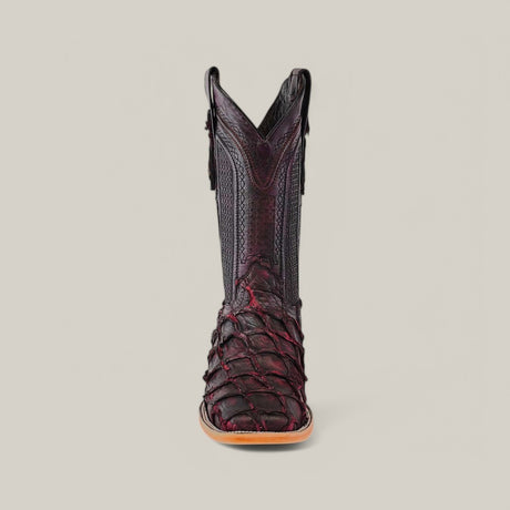 Front view of a single Exotic Pirarucu Fish boot in Matte Black Cherry, square-toe style, featuring intricate stitching and scaly textured exotic leather on the vamp, set against a plain background.