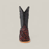 Front view of the Exotic Pirarucu Fish - Red boot featuring dark red and black fish scales, intricate stitching on the upper shaft, a tan sole, and a square toe for those seeking unique style.