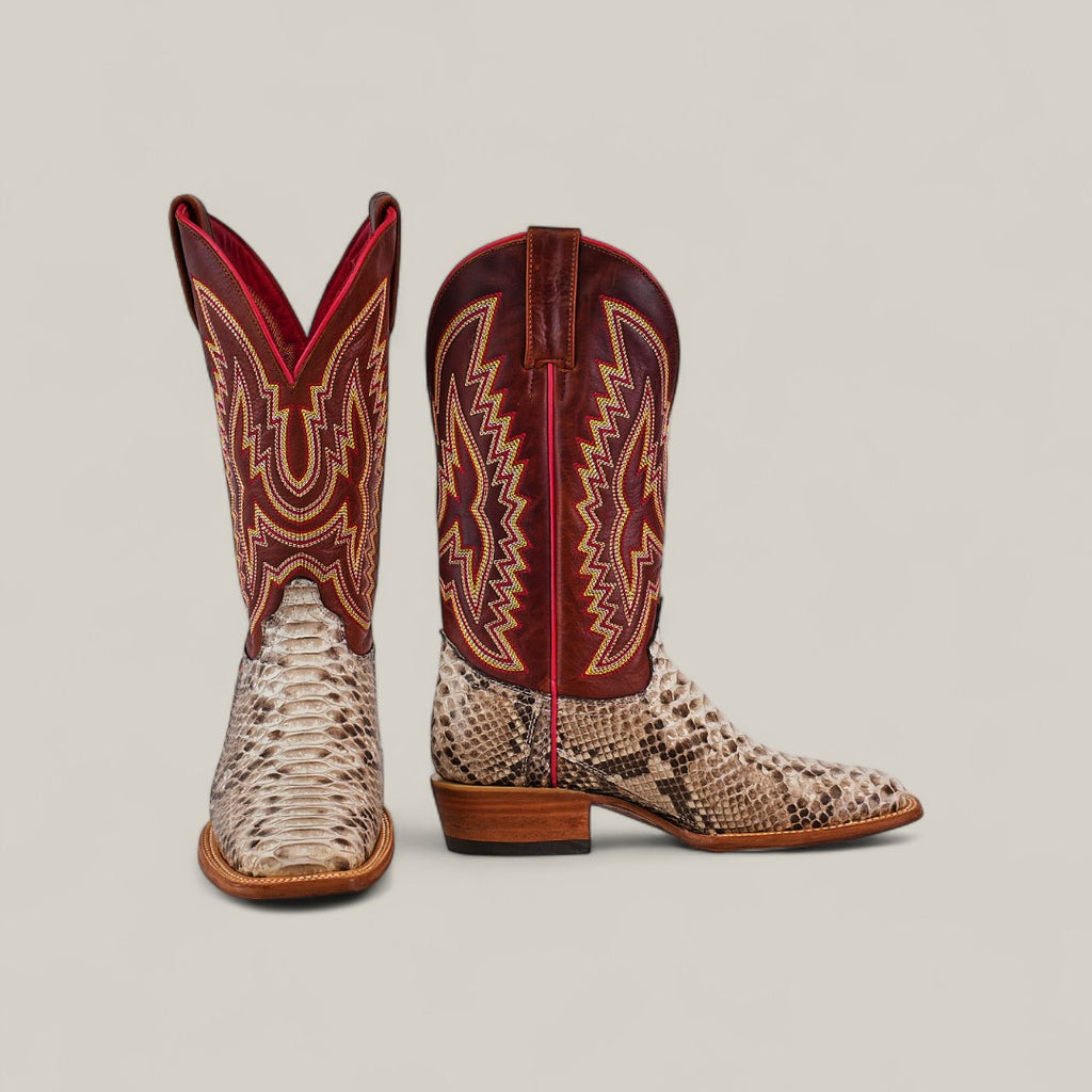 Step out in style with the Exotic Python - Natural - Square Toe boots, featuring beige snakeskin-patterned leather and maroon shafts accented by intricate yellow and red stitching from the Platinum Collection.