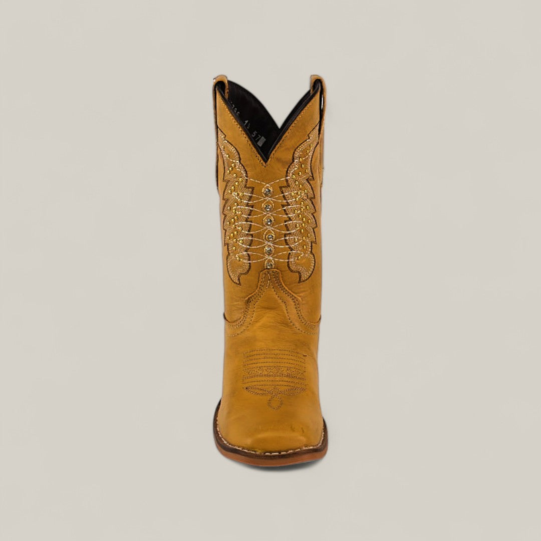 A single Orion Yellow - Square Toe kids boot with decorative stitching, shown from the front against a plain light background.