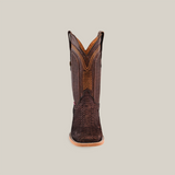 An Exotic Python - Matte Brown boot, featuring a textured dark brown leather with intricate patterns and a tall upper section. The boot has a square toe and light-colored sole, set against a plain off-white background.